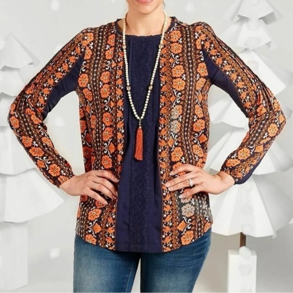Matilda Jane Floreat Orange & Blue Floral Lace Trim Blouse Large